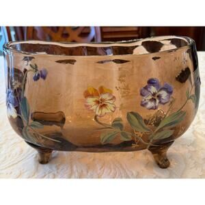 Victorian French Enamel Over Glass Bowl  Antique Hand Painted Pansy Centerpiece